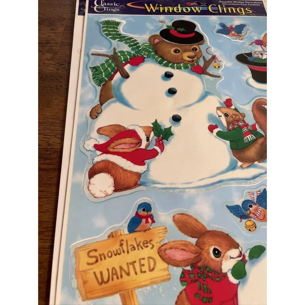 3 Christmas Vinyl Window Clings 2002 Santa Present Snowman Bunnies Bear Angel
